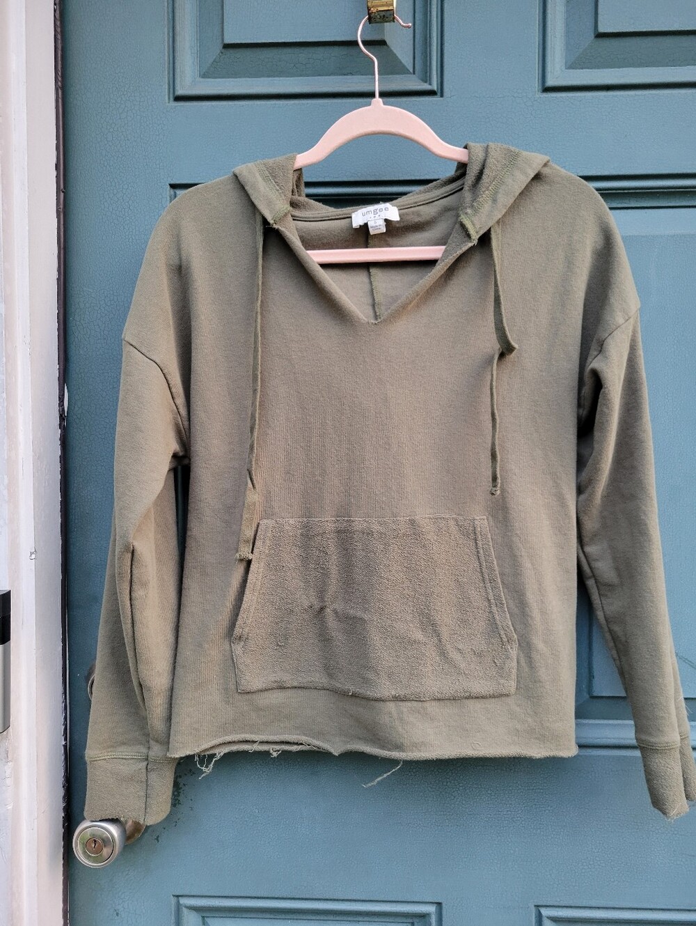 Umgee USA Women's Small Olive Green Hoodie Sequin Leopard Sleeve Pullover